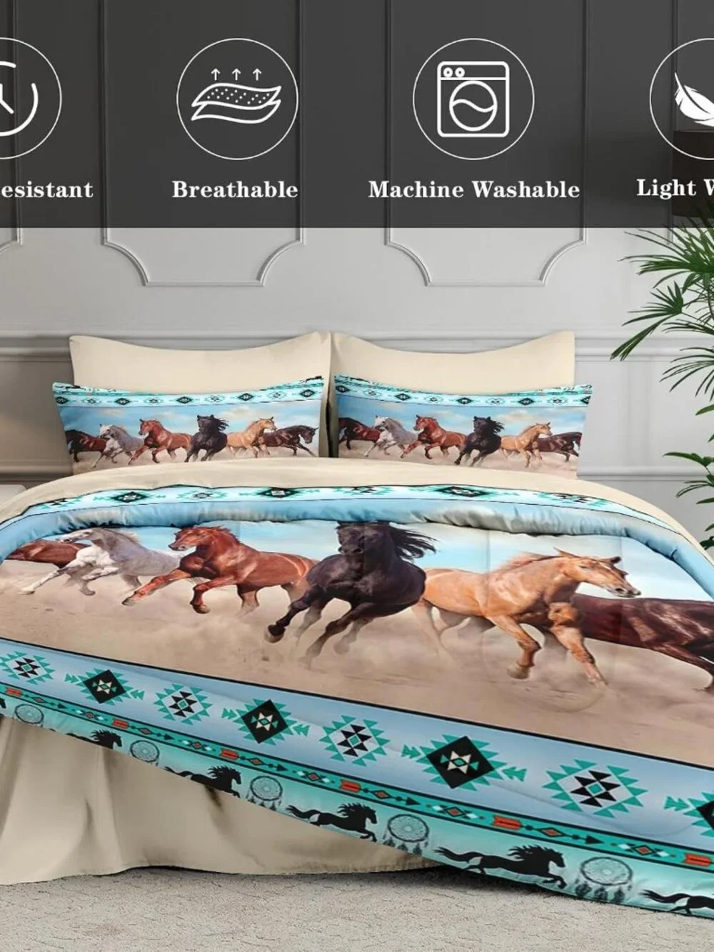 King Comforter Set with Sheets, 7 Pieces Horses Western Bedding | Bed in A Bag f